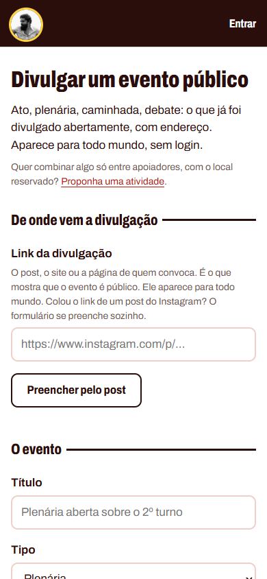 Formulário Divulgar um evento público no celular, com o campo do link da divulgação e o botão Preencher pelo post