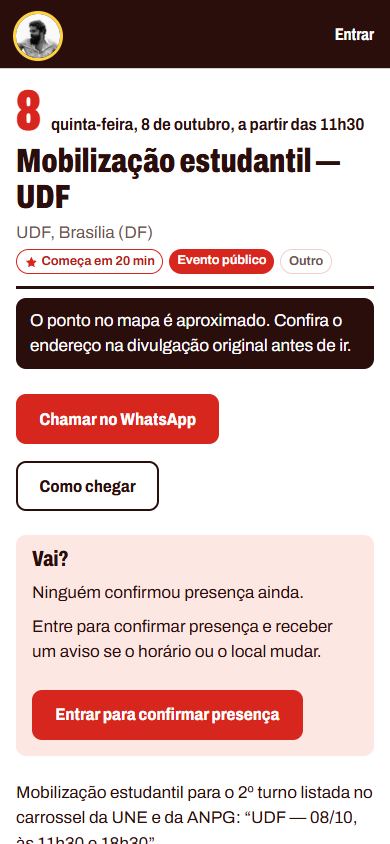 Página de um evento no celular, com o selo Começa em 20 min, os botões Chamar no WhatsApp e Como chegar, e o quadro Vai? para confirmar presença
