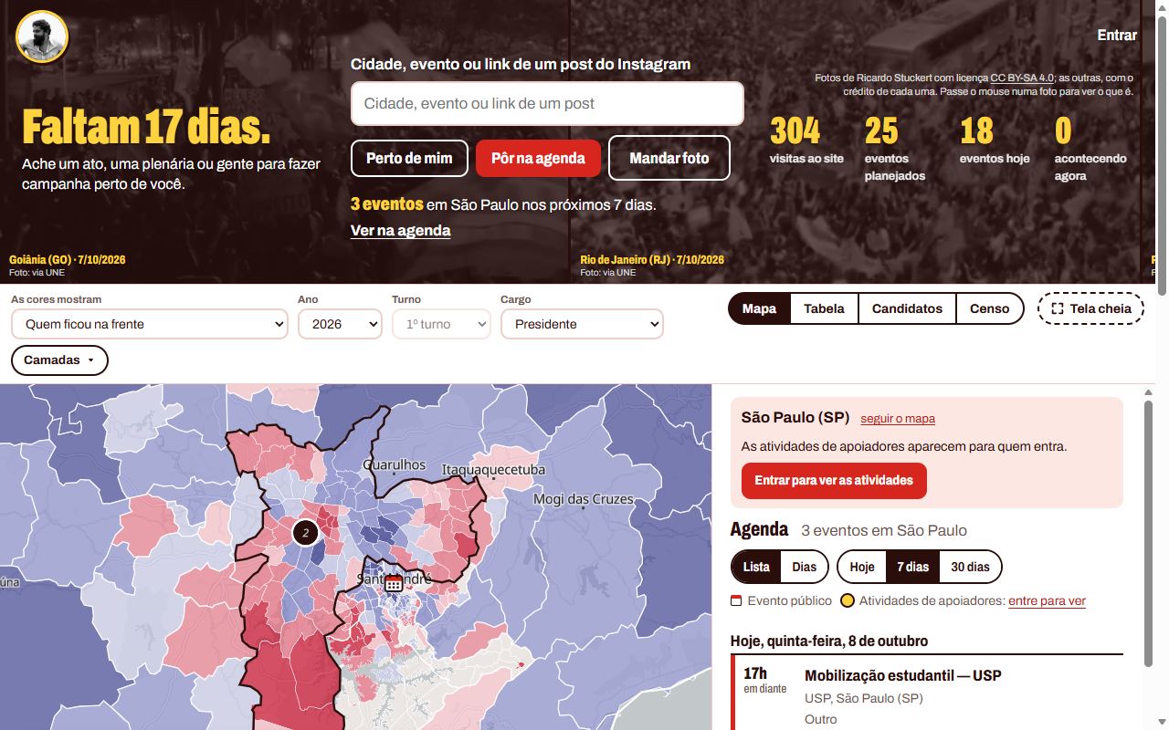 Página inicial do boralula no computador: a faixa com fotos de atos, a busca, os números do dia, o mapa de São Paulo colorido por bairro e a agenda ao lado
