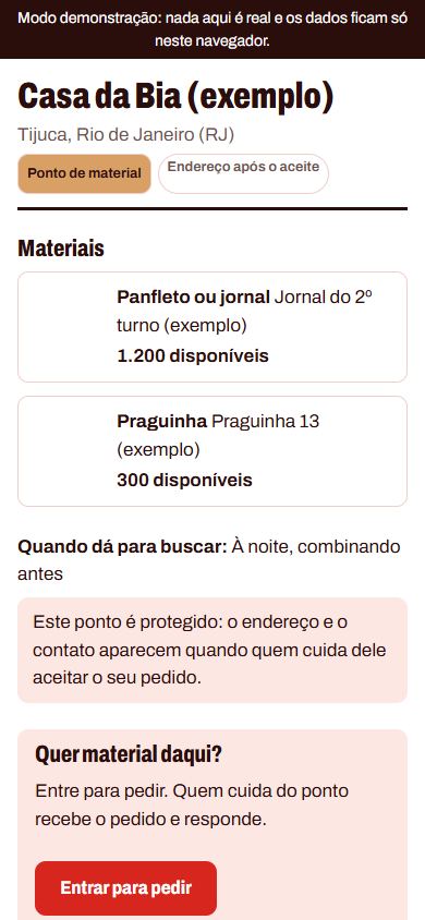 Página de um ponto de material protegido na demonstração, com os materiais disponíveis, o horário de retirada e o botão Entrar para pedir